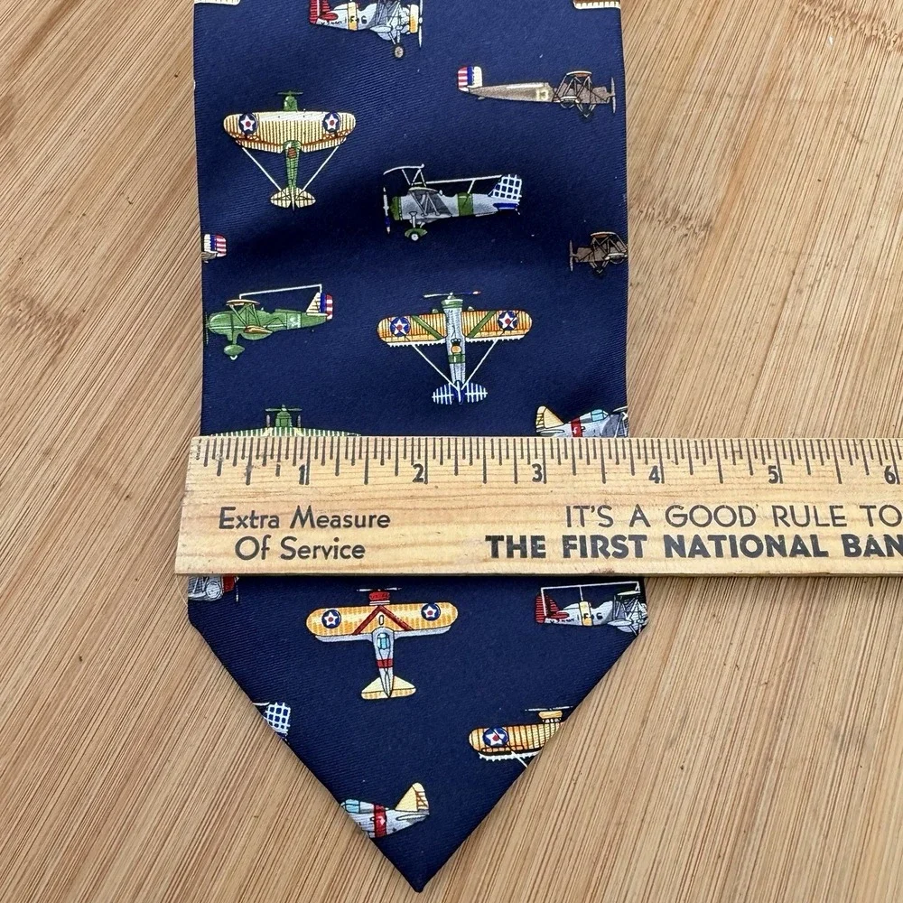 Alynn Necktie Blue Silk War Plane Aviation Print Retro Novelty Career Office